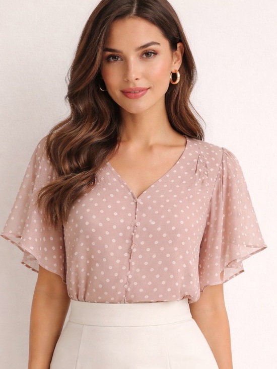 freebird Tops - Free Bird Sheer Polka Dot Blouse Buttons Taupe White Office Preppy Top Large Tan